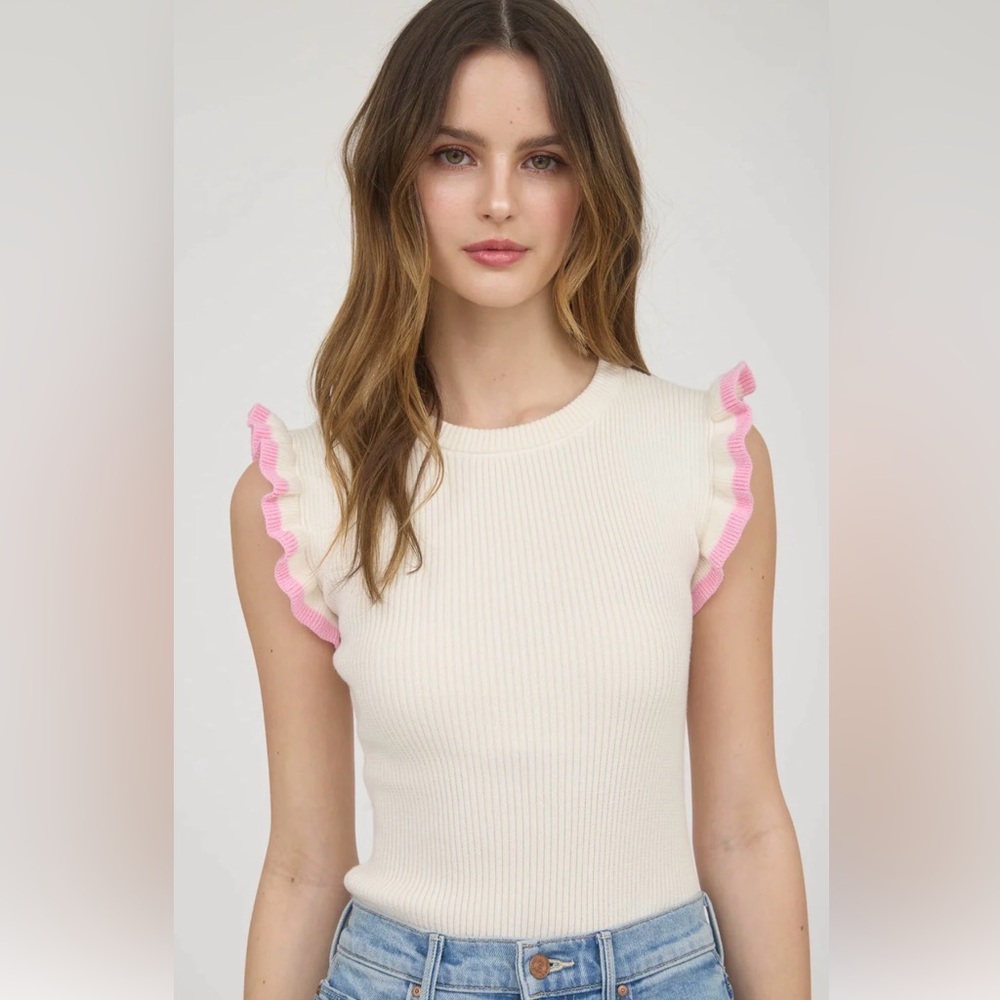 Boutique Sleeveless Ribbed Knit Top with Pink Ruffle Trim
